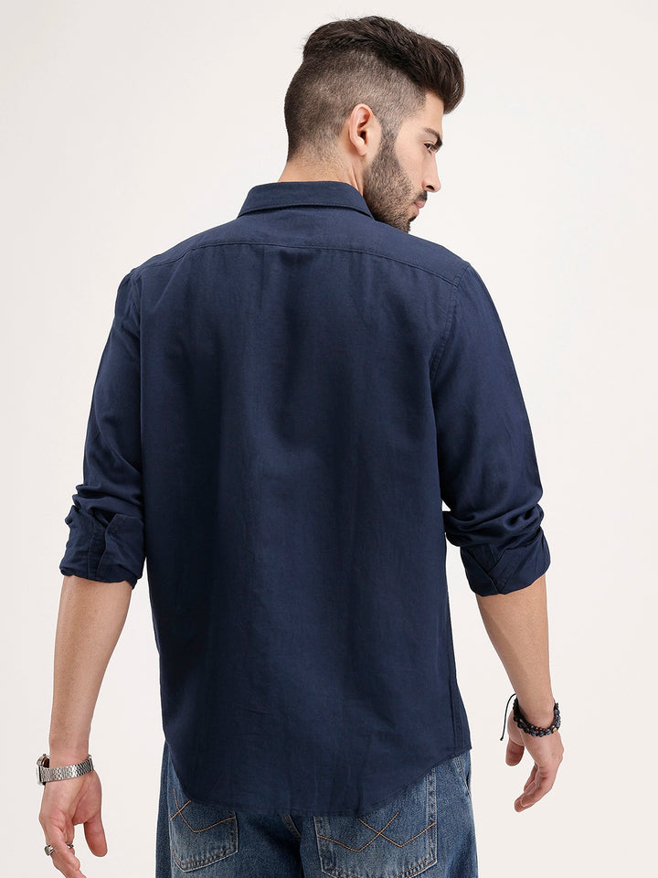 Solid Slim Fit Linen Blend Shirt  | Navy Blue