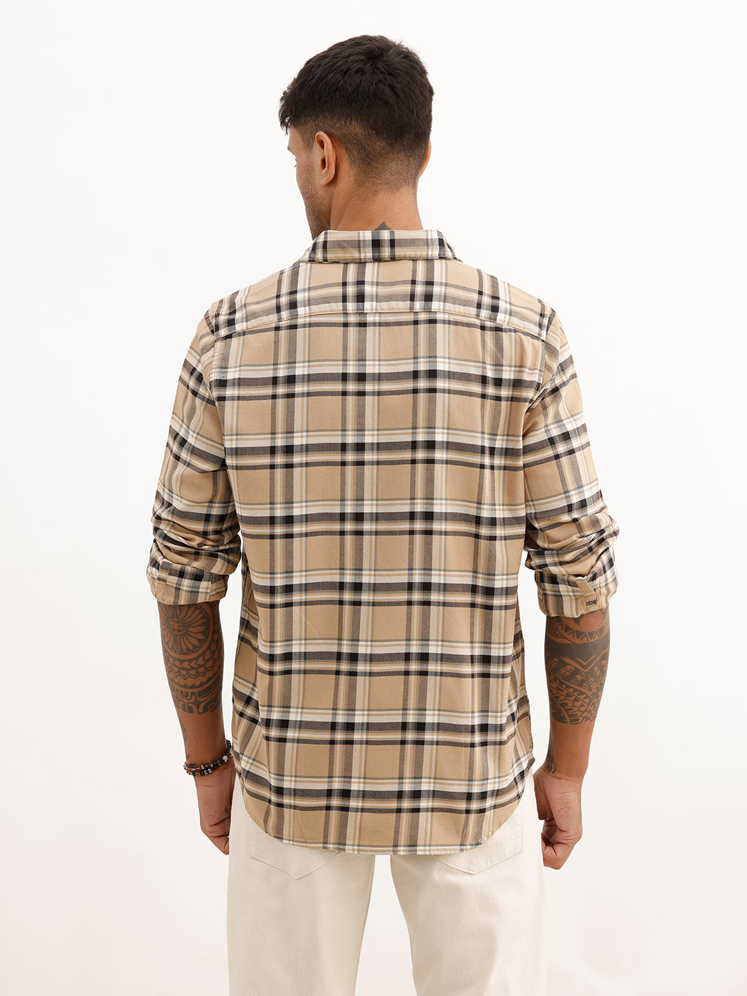 Regular Fit Full Sleeve Checkered Shirt | Beige