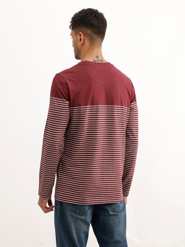 Slim Fit Striped Full Sleeve T-Shirt | Maroon