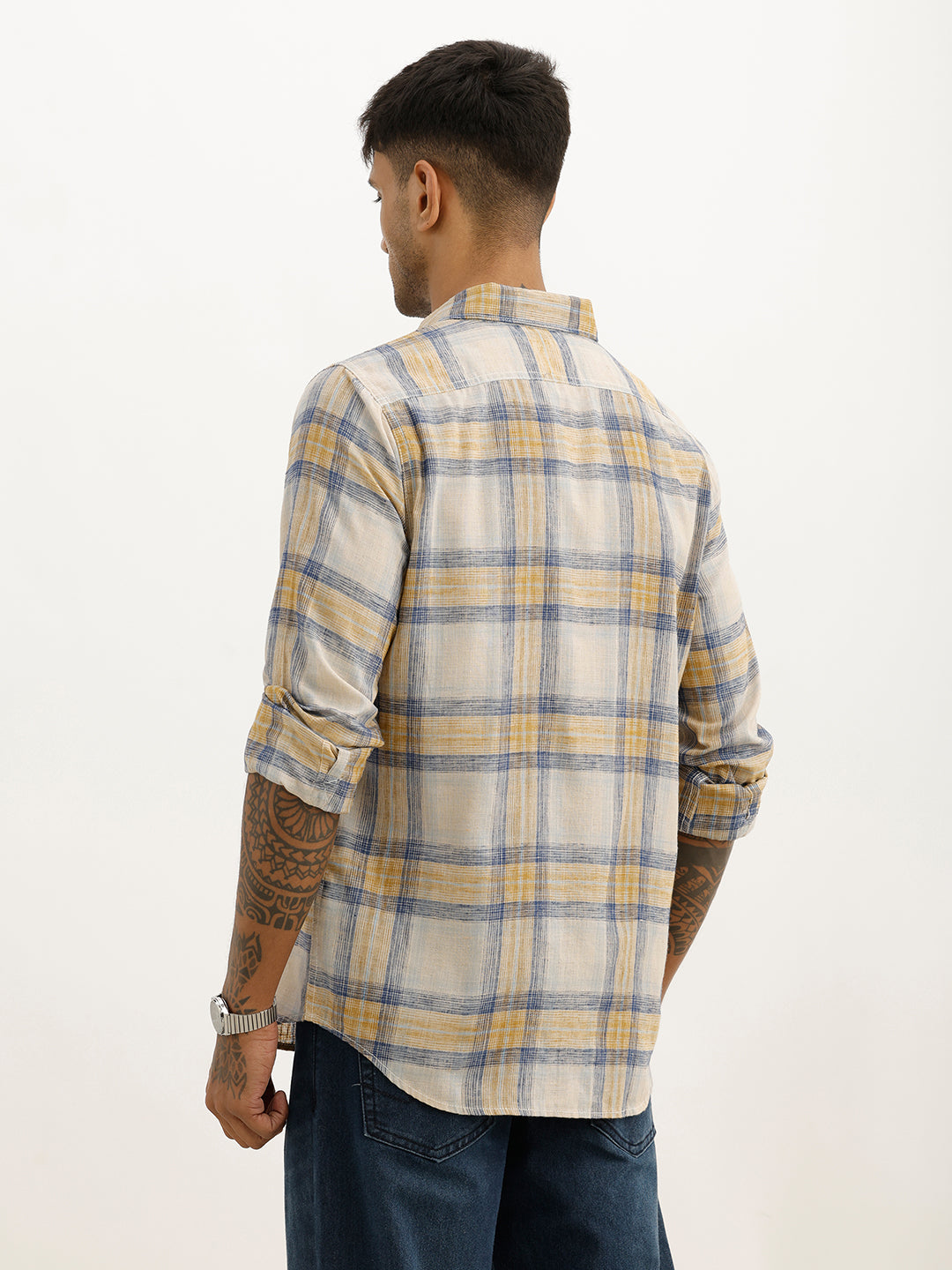 Classic Slim Fit Checkered Shirt | Beige