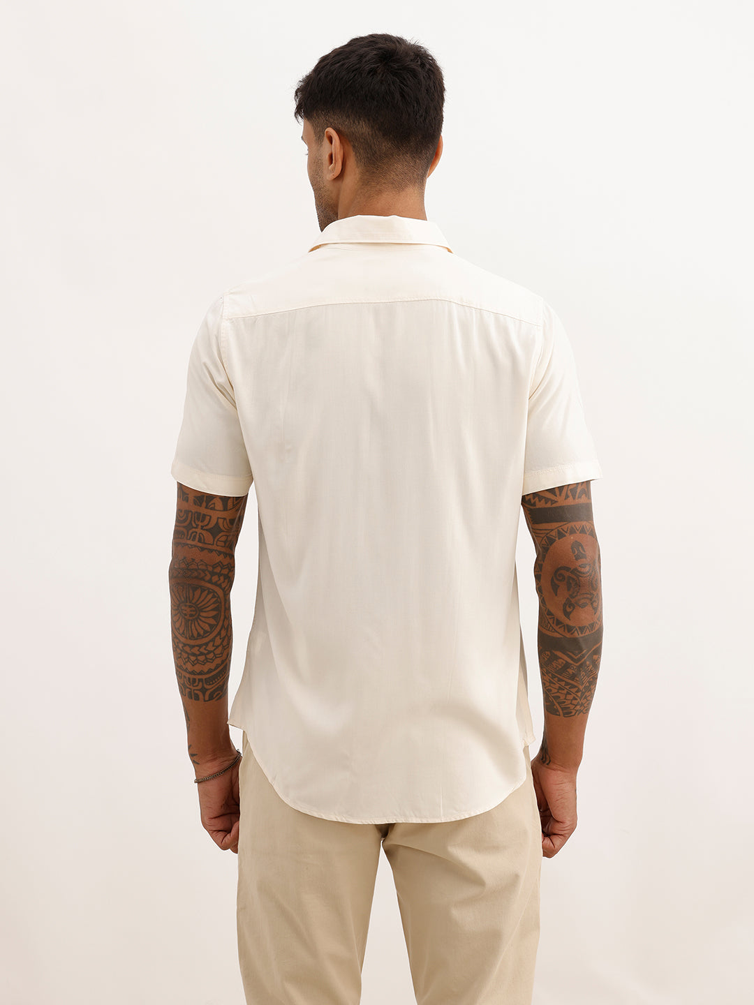 Solid Slim Fit Half Sleeves Shirt | Beige
