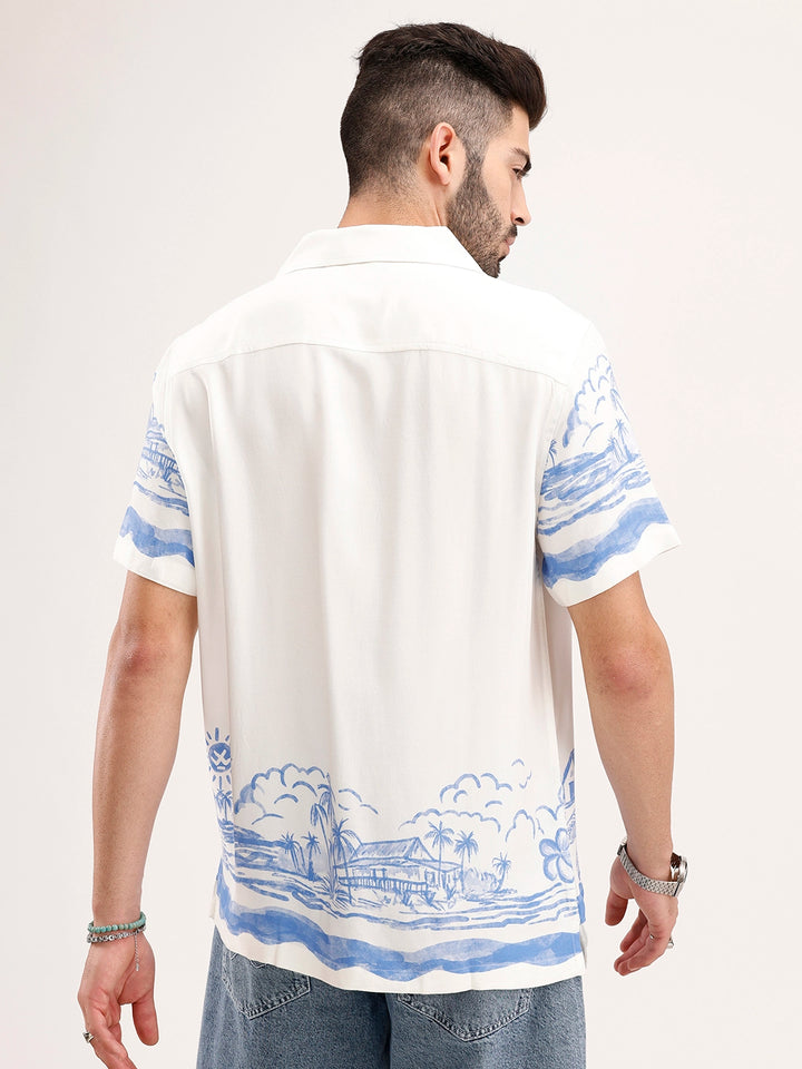 Slim Fit Printed Resort Collar Shirt | White