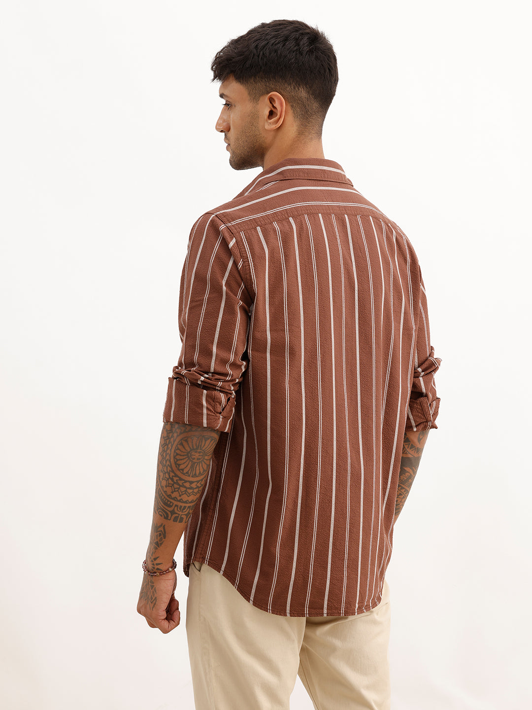 Slim Fit Textured Striped Shirt | Brown