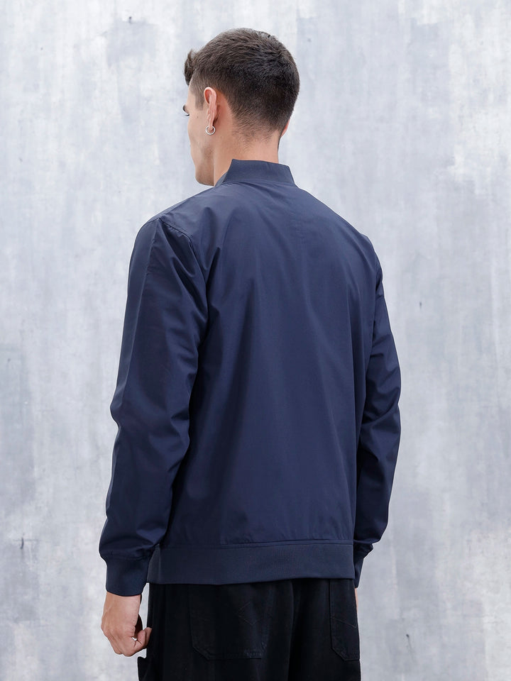 Men's Solid Casual Regular Fit Bomber Jacket | Navy Blue