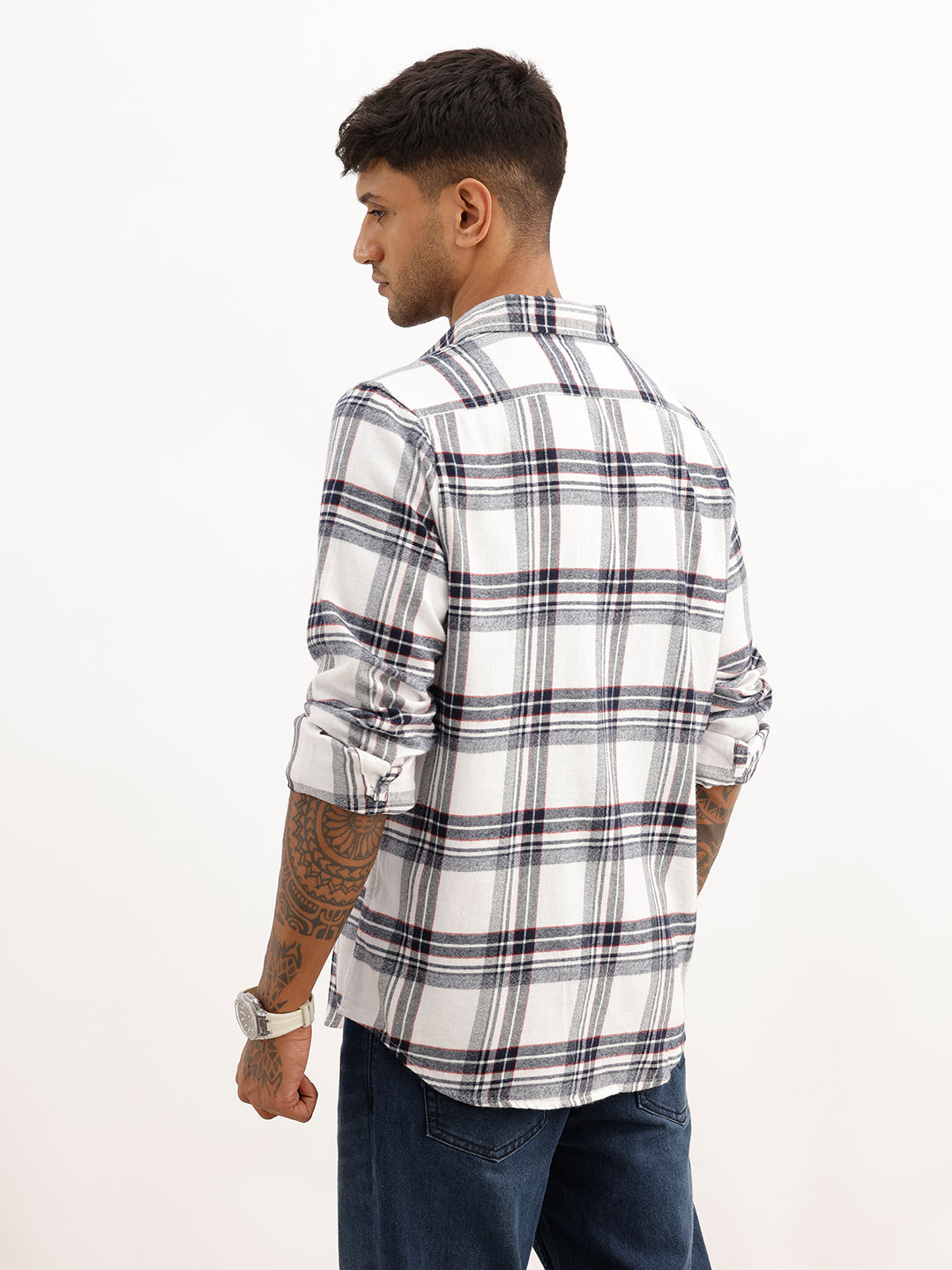 Slim Fit Checkered Full Sleeve Shirt | White