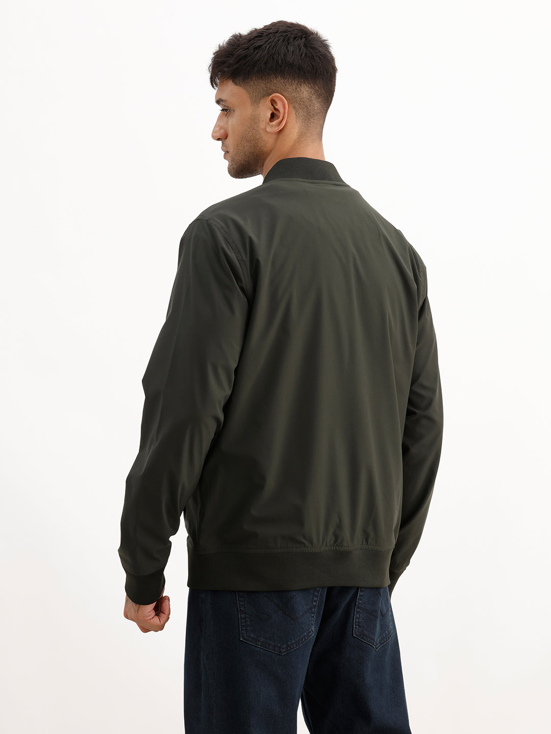 Solid Regular Fit Zipper Jacket | Olive