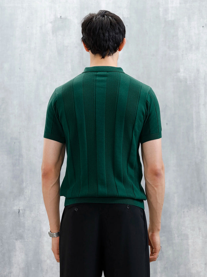 Classic Flat Knit Textured Polo T-Shirt For Men | Green