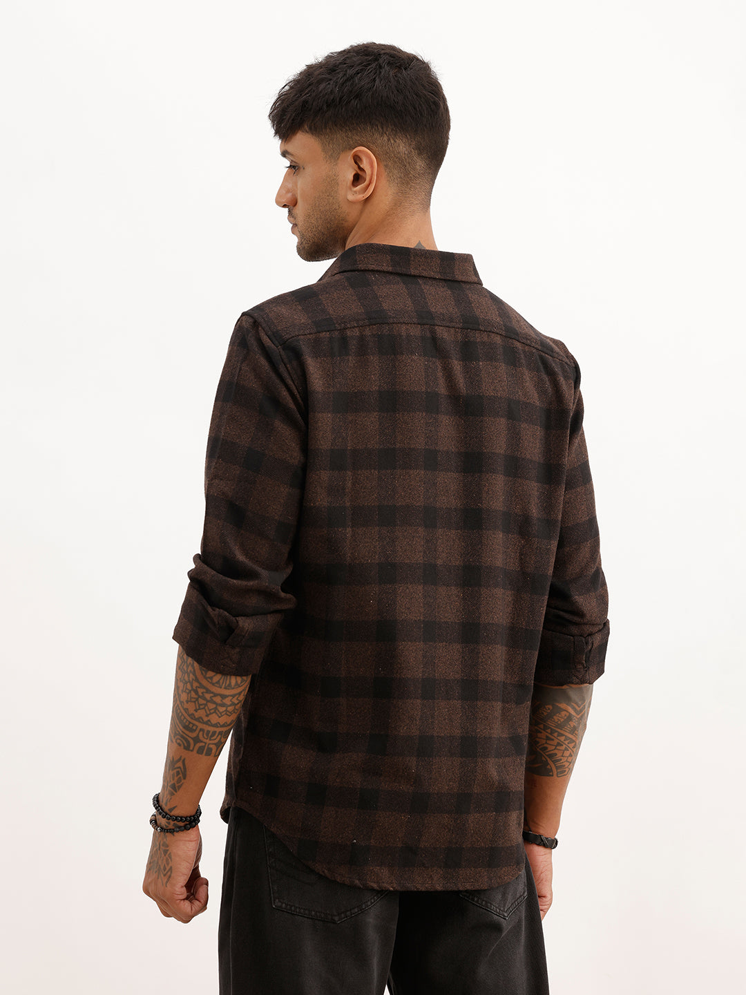 Slim Fit Flannel Embroidery Detail Shirt | Brown