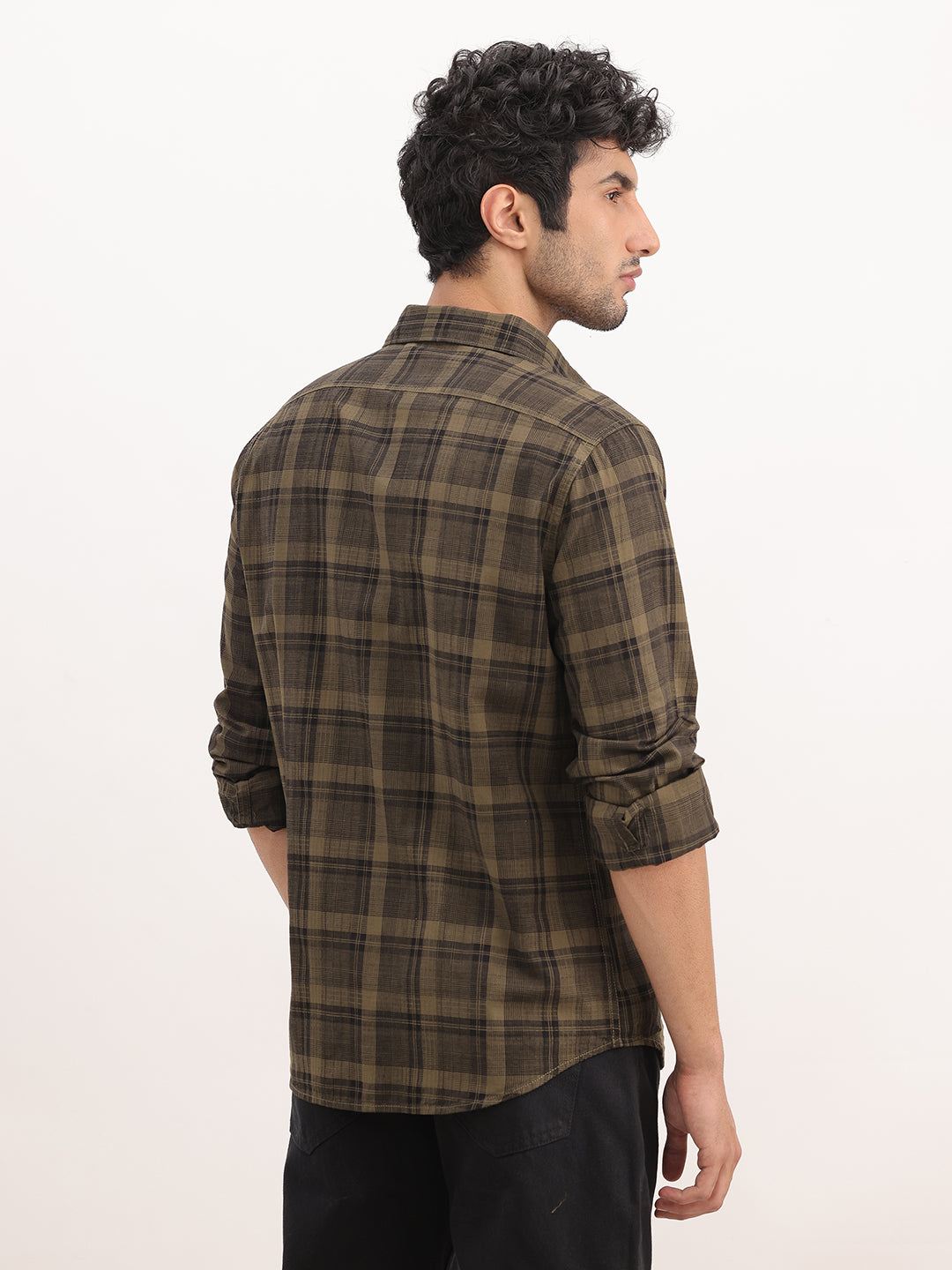Slim Fit Checkered Full Sleeve Shirt | Olive
