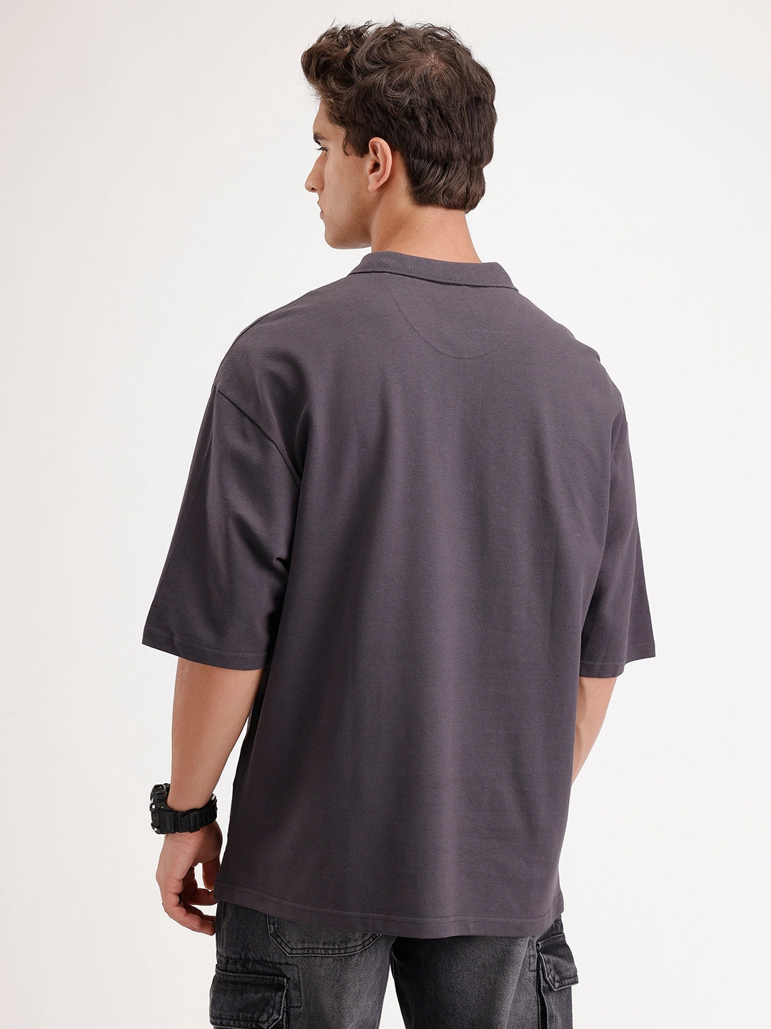 Solid Oversized Polo T-Shirt | Dark Grey