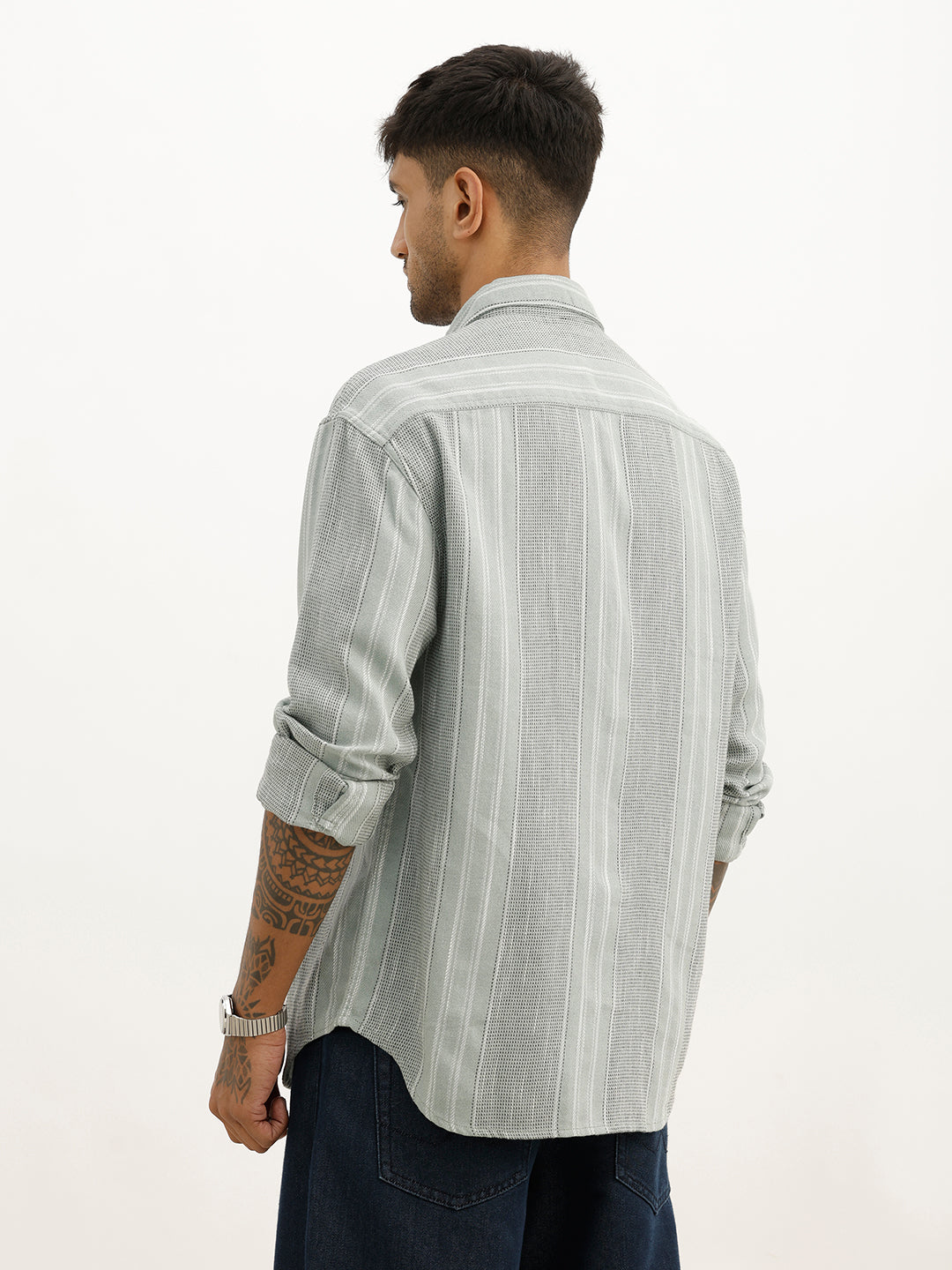 Oversized Fit Textured Striped Shirt | Green