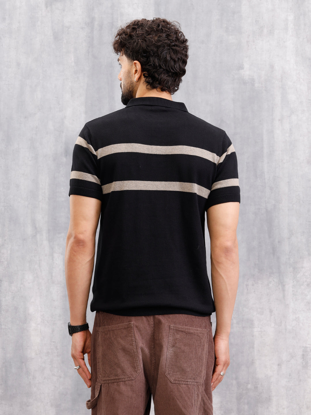 Flat Knit Striped Pattern Polo T-Shirt | Black