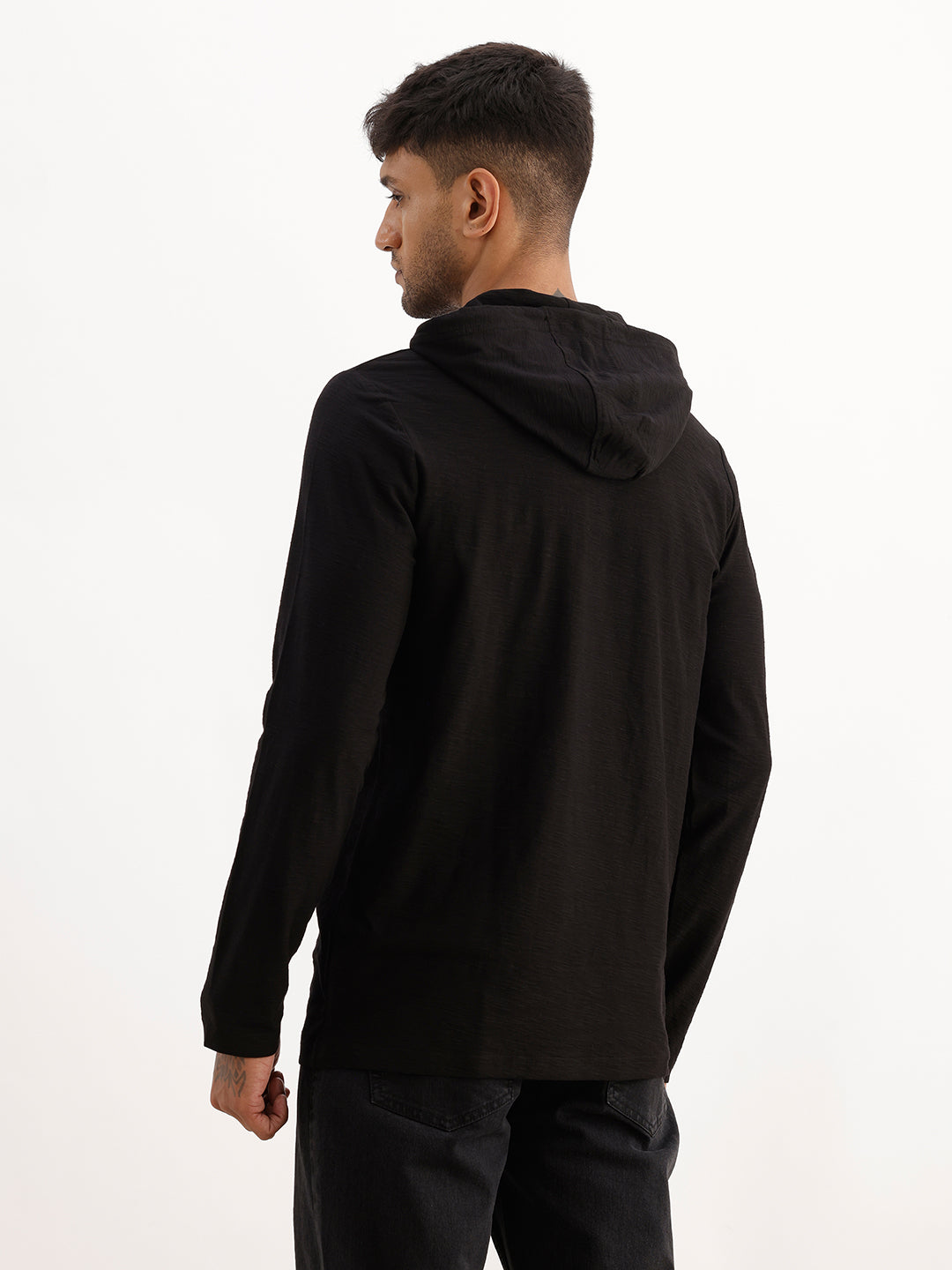 Classic Slim Fit Placement Printed Hooded Sweatshirt | Black