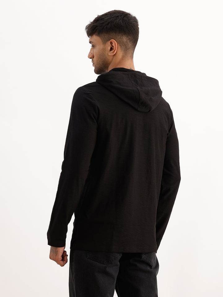 Classic Slim Fit Placement Printed Hooded Sweatshirt | Black