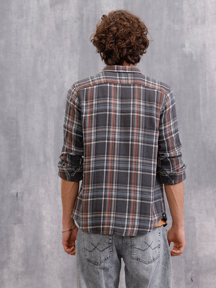 Textured Utility Check Shirt In Slim Fit  | Dark Grey