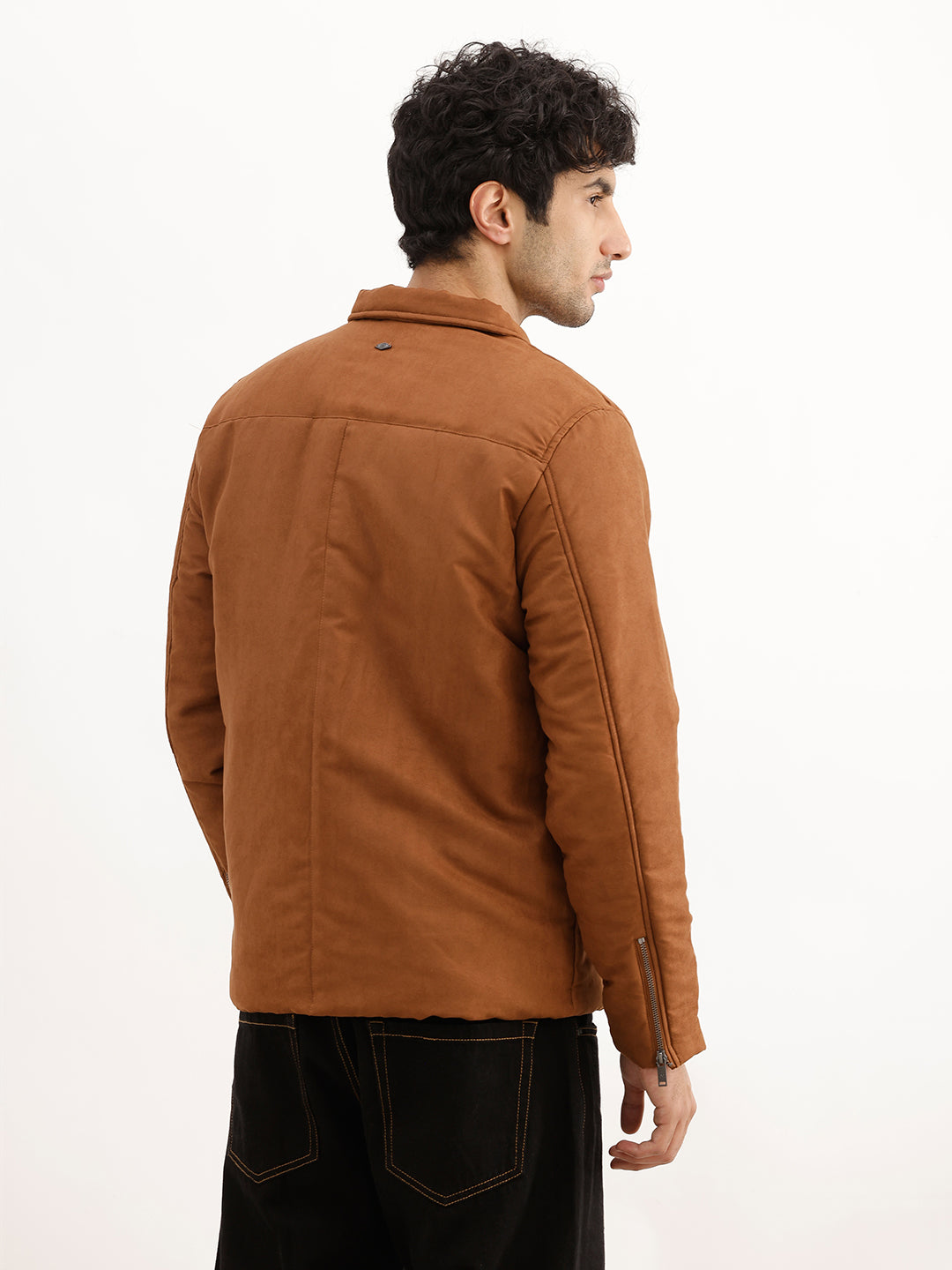 Solid Regular Fit Zipper Jacket | Brown