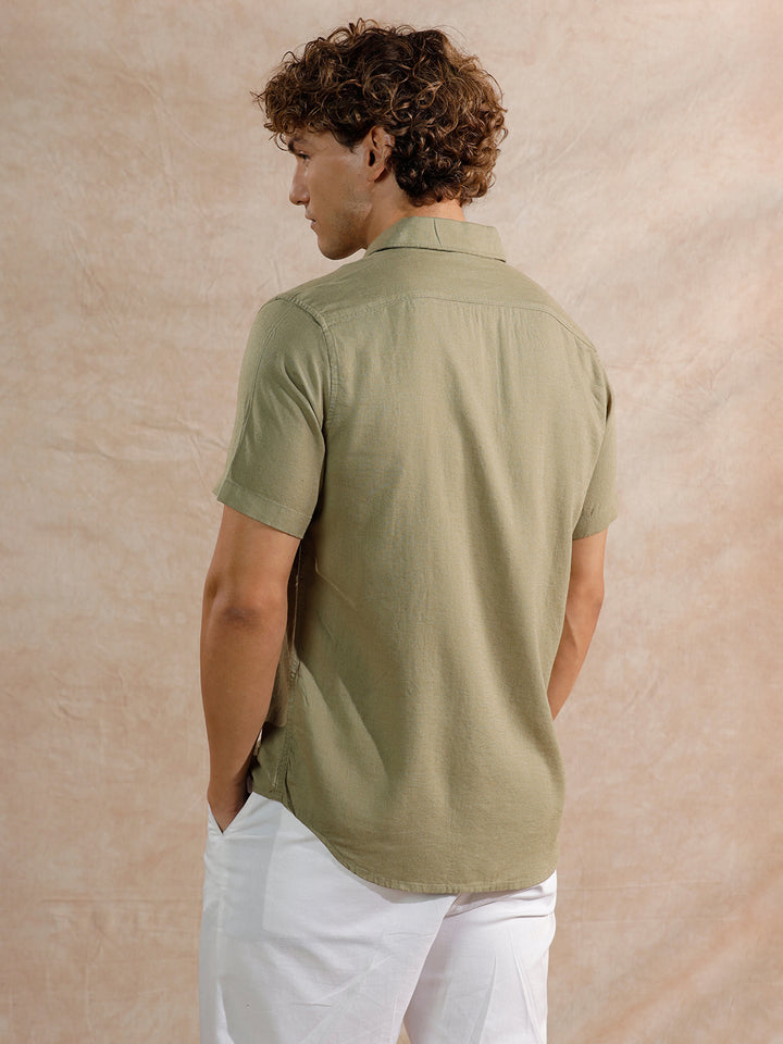 Solid Linen Blend Slim Fit Shirt | Olive