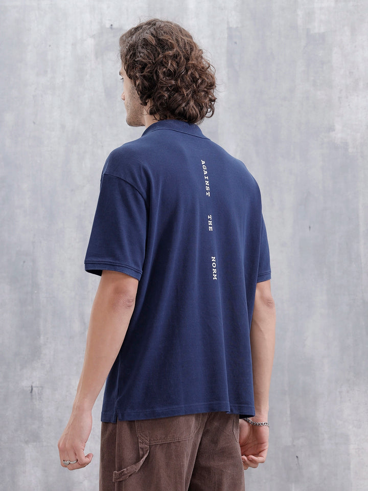 Men Solid Oversized Fit Casual Polo Collar T-shirt | Blue