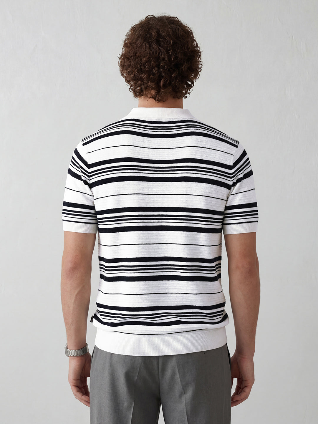 Striped Knitted Johnny Collar Polo Tee | White