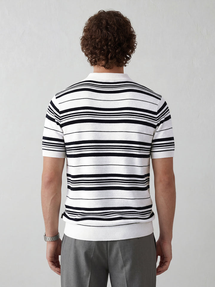 Striped Knitted Johnny Collar Polo Tee | White