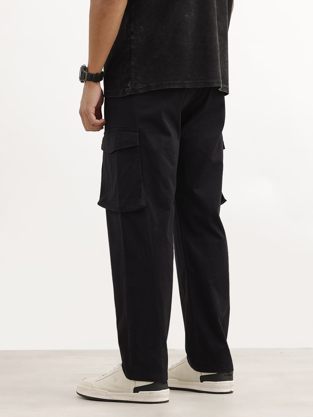 Solid Loose Fit Cargo Trouser | Black