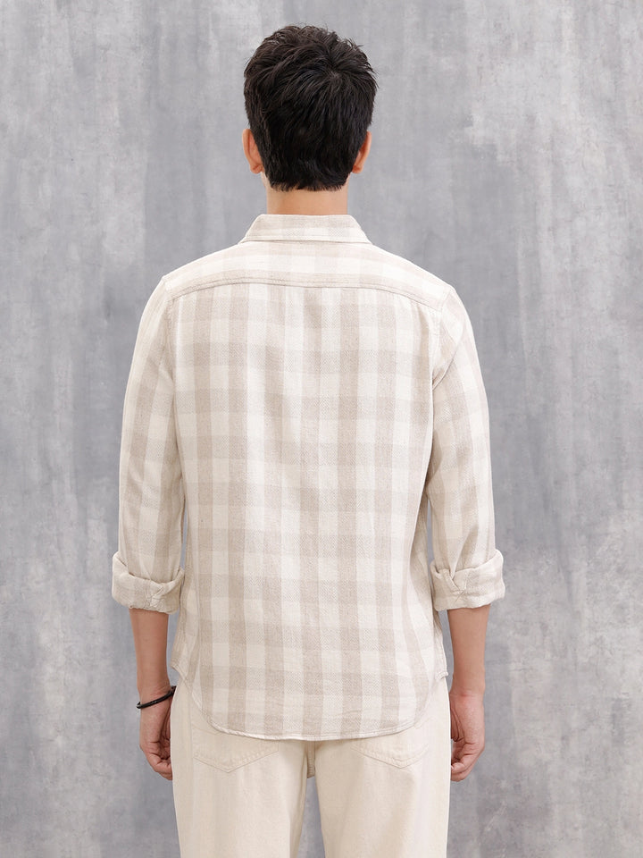 Herringbone Check Shirt In Natural Tones  |  Beige