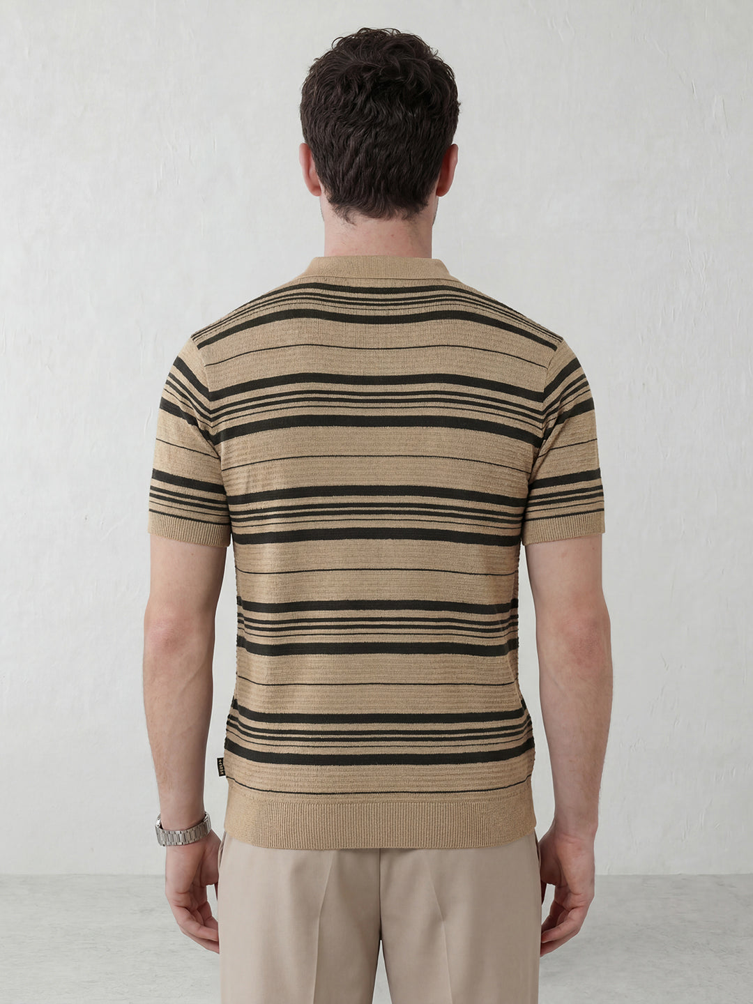 Striped Knitted Johnny Collar Polo Tee | Beige