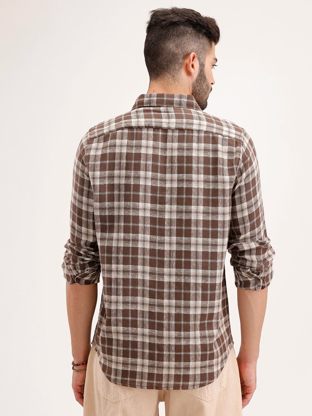 Slim Fit Linen Blend Herringbone Checkered Shirt | Brown
