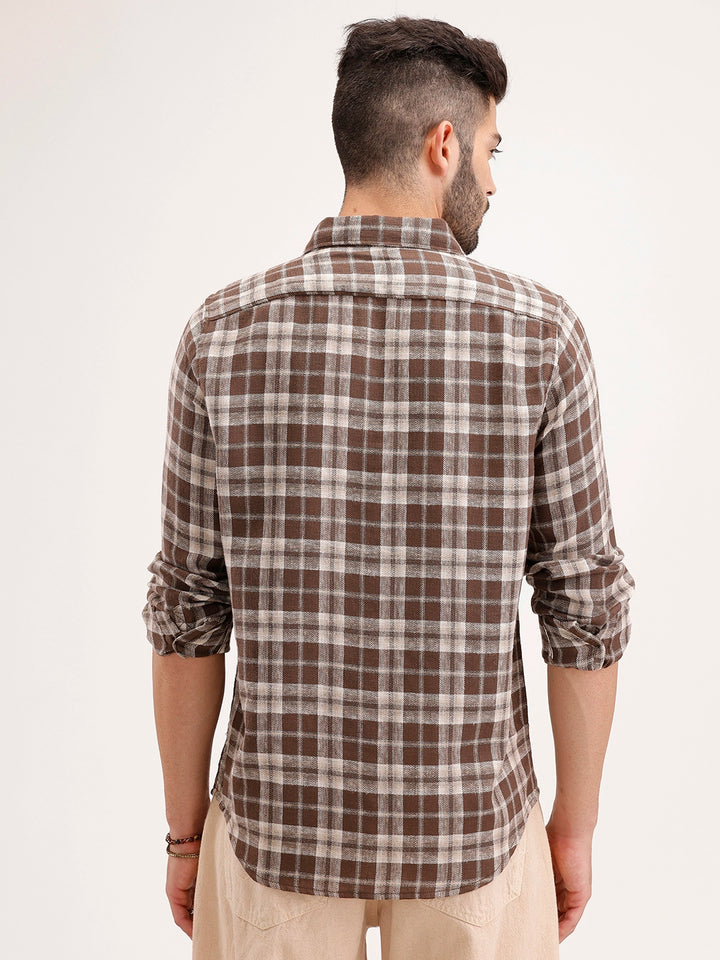 Slim Fit Linen Blend Herringbone Checkered Shirt | Brown