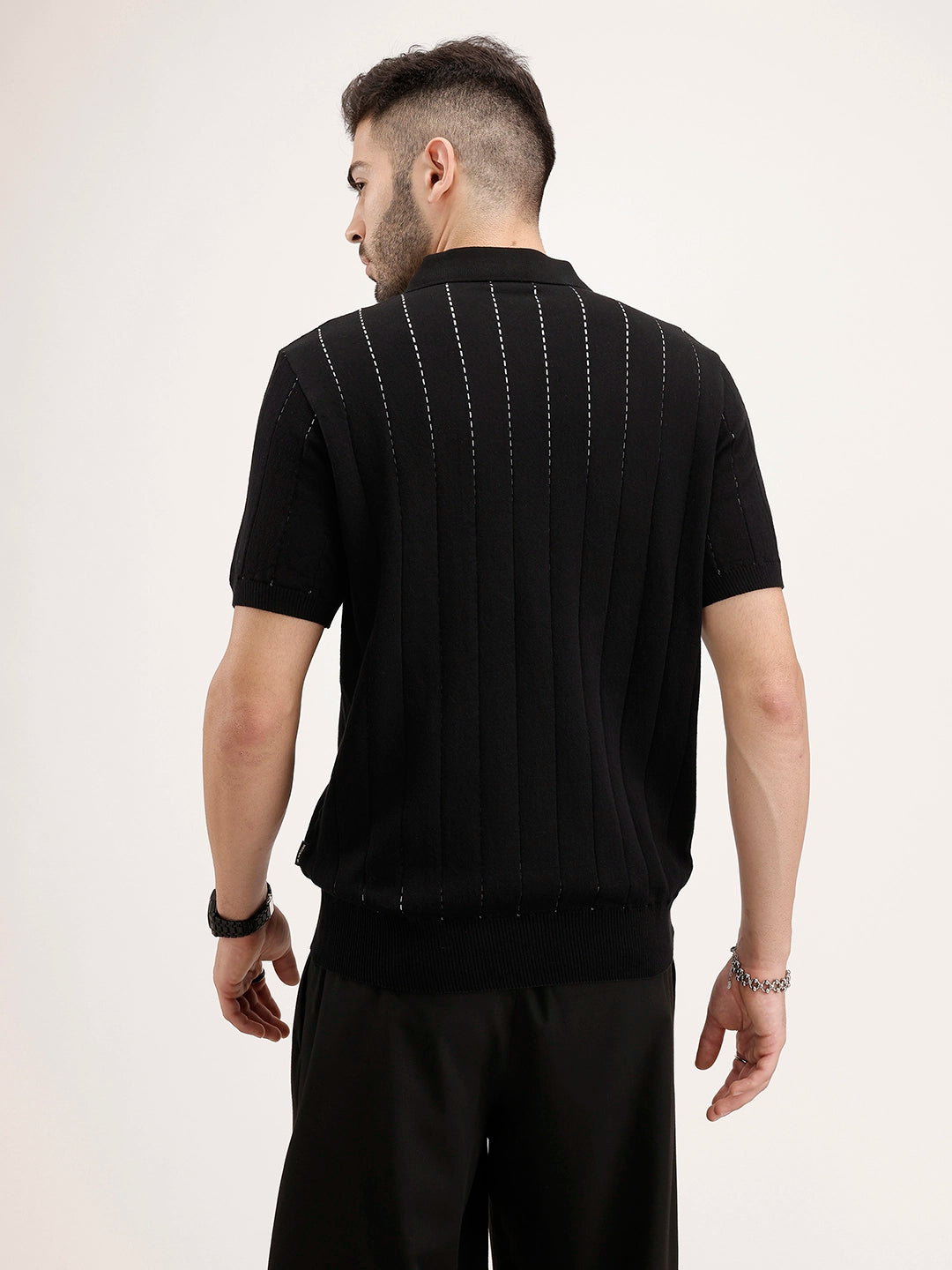 Slim Fit Flat Knit Textured T-Shirt | Black
