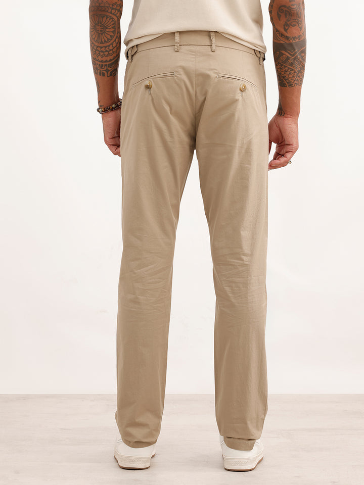 Solid Slim Fit Pleated Trouser | Beige
