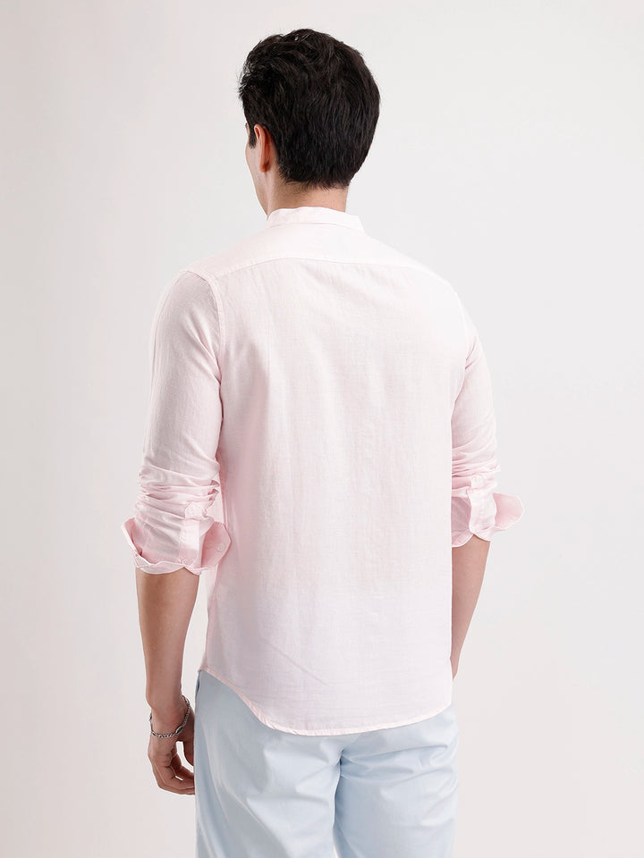 Slim Fit Mandrin Collar Linen Blend Shirt  | Pink