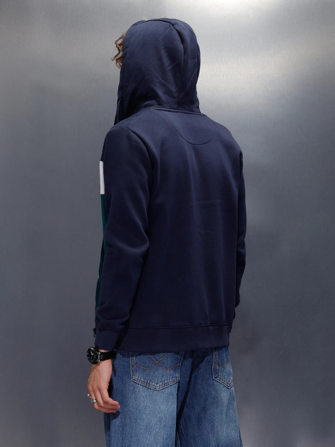 Tonal Colourblock Zipper Hoodie | Blue