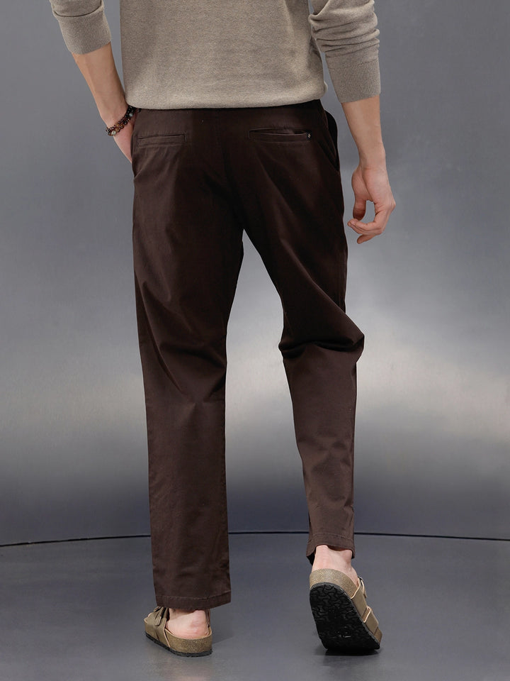 Regular Fit Solid Trousers In Premium Fabric | Dark Brown