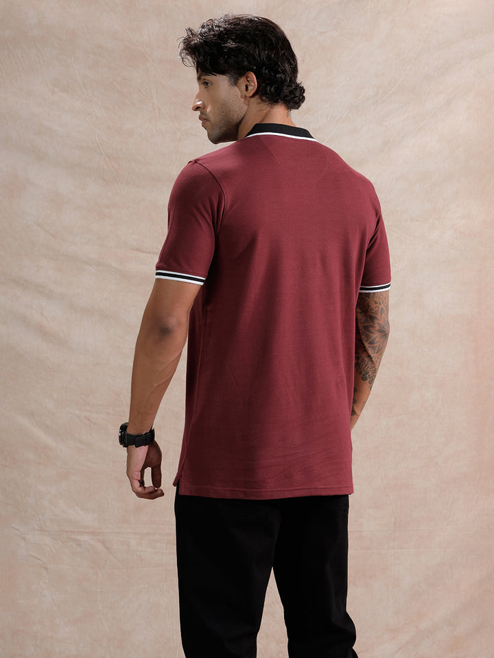 Stripped Collar Slim Fit Polo T-Shirt | Maroon