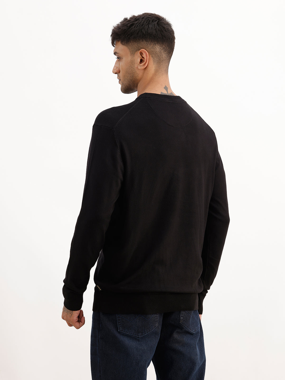 Solid Comfort Fit Full Sleeve Sweater | Black