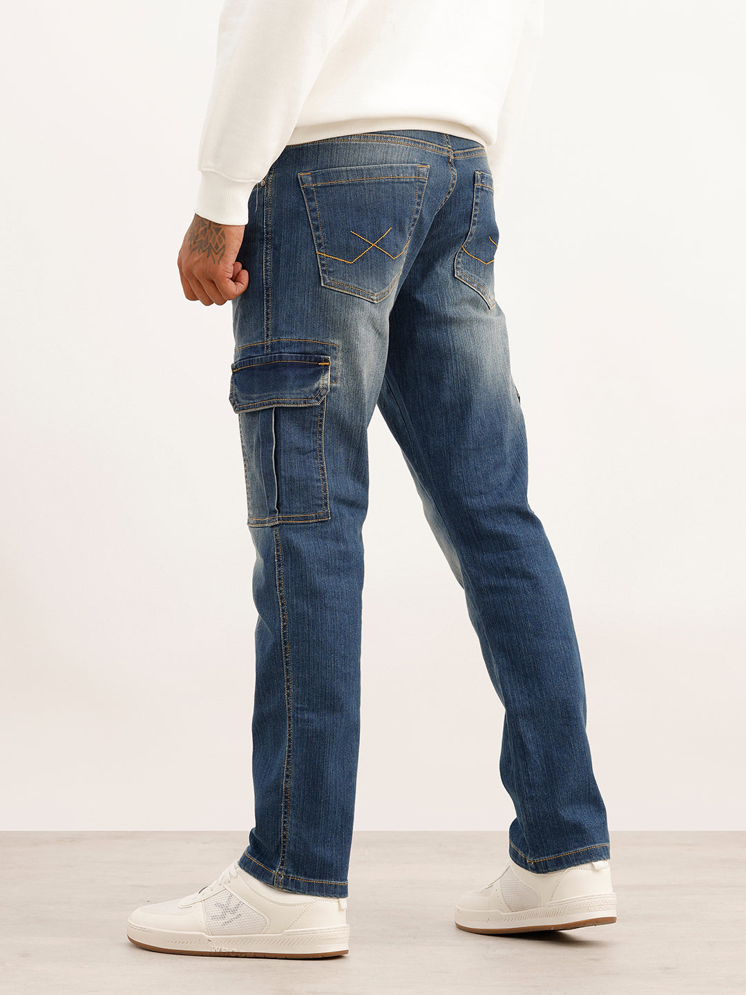 Straight Fit Washed Denim Cargo | Blue