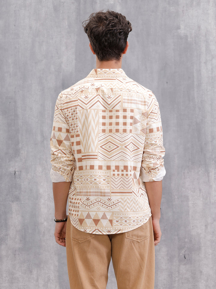 Corduroy Geometric Printed Shirt In Slim Fit | Beige