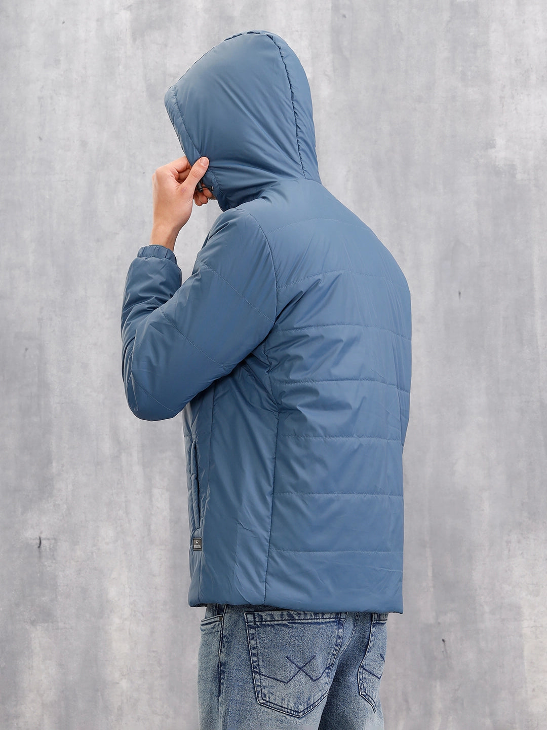 Quilted Hoodie Jacket With Tape Detail At Front I Blue