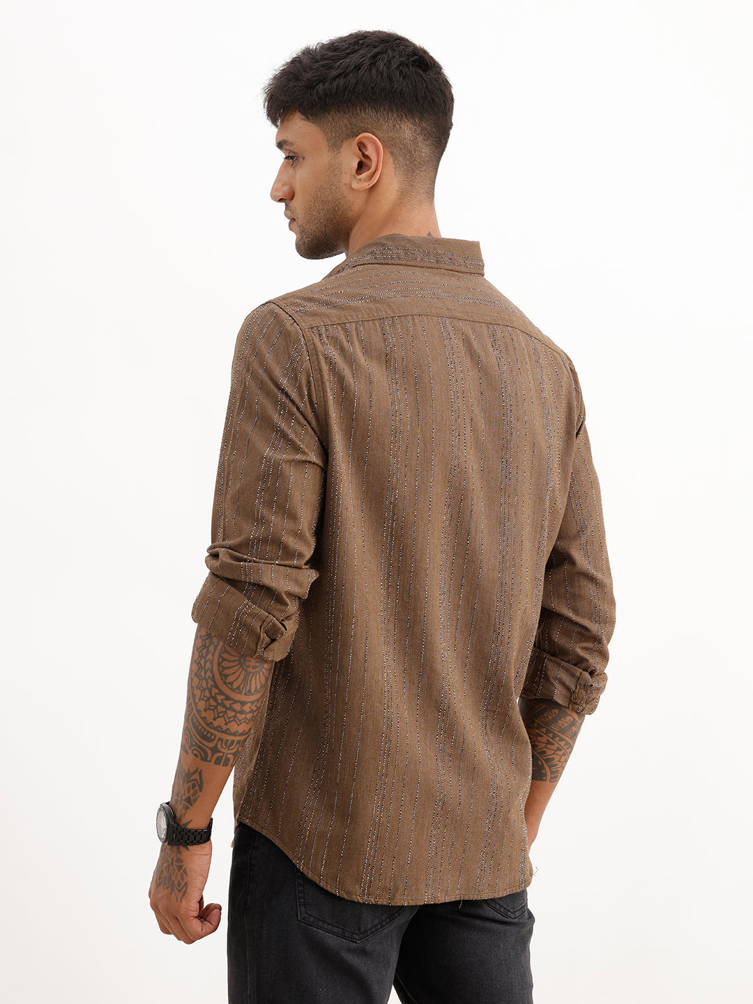 Slim Fit Textured Stripes Shirt | Brown