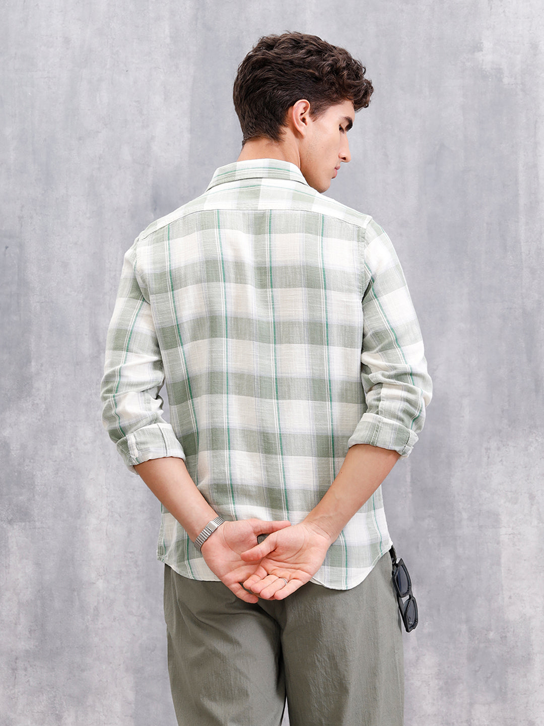 Cotton Twill Slub Checks In Slim Fit | Green