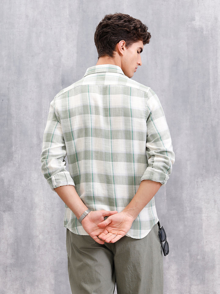 Cotton Twill Slub Checks In Slim Fit | Green