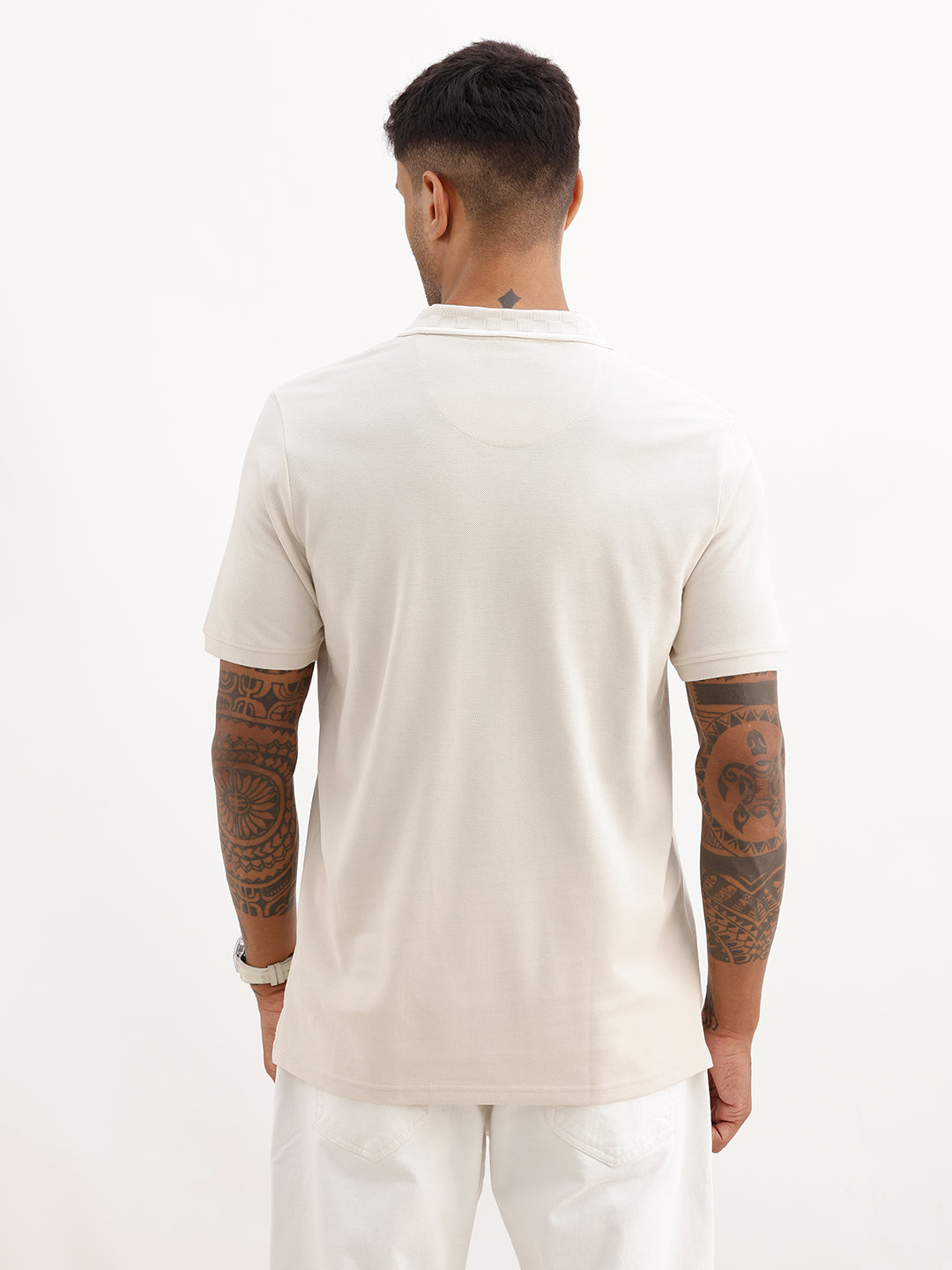 Solid Jacquard Collar Polo T-Shirt | Beige