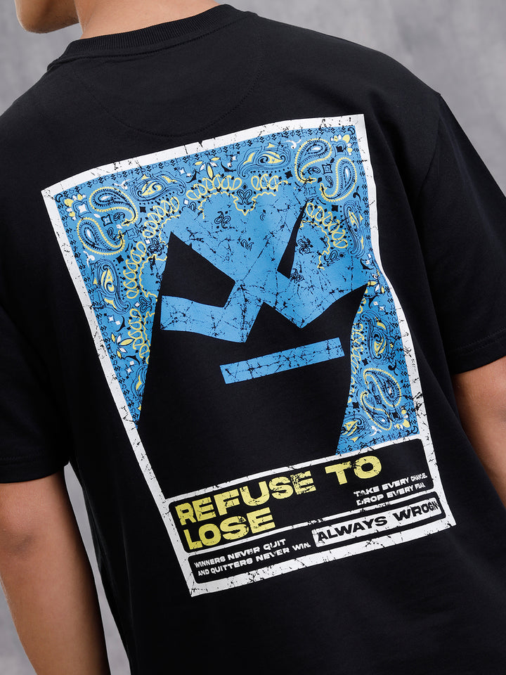 Bandana Inspired Oversized Back Print Crew Neck T-Shirt | Black