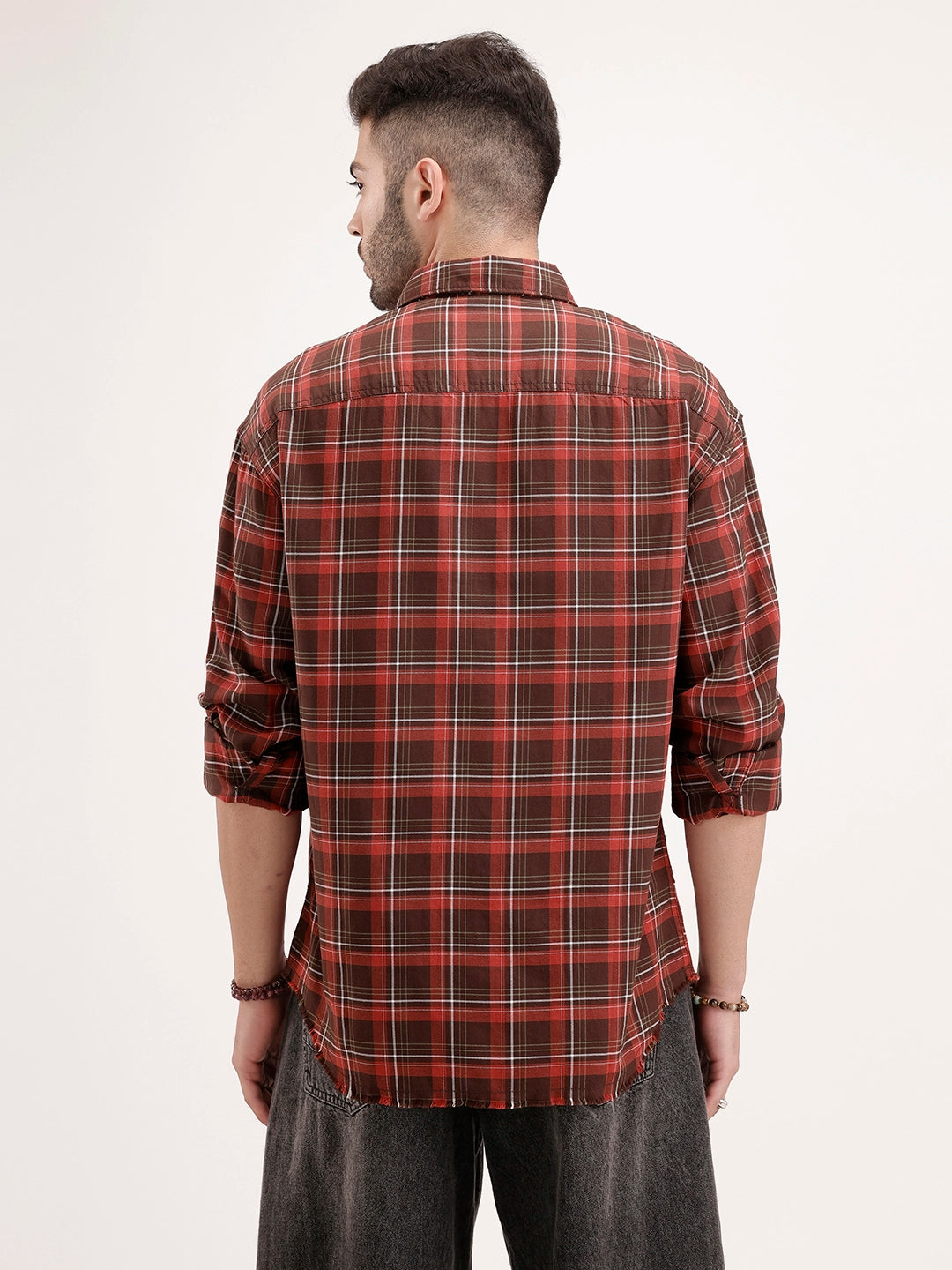 Oversized Raw Edge Double Pocket Checkered Shirt | Brown