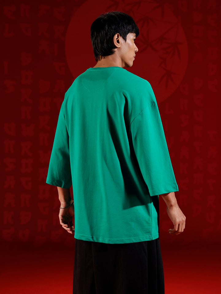 Oversize 3/4 sleeve tshirt with vertical label print detail | Green
