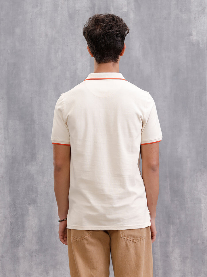 Embroidered Look Engineered Aop Polo T-Shirt  | Beige