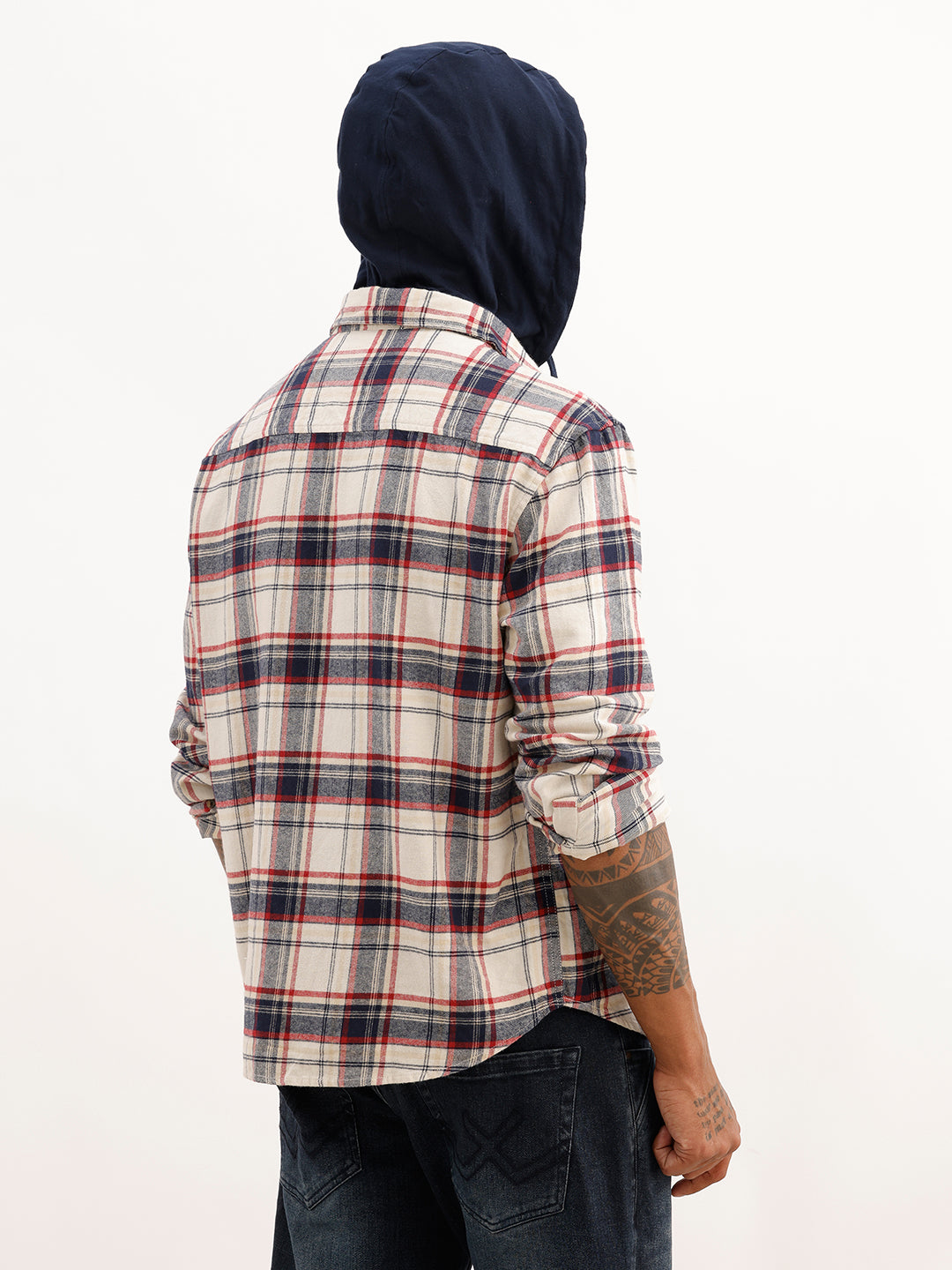 Regular Fit Checkered Hooded Shirt | Beige