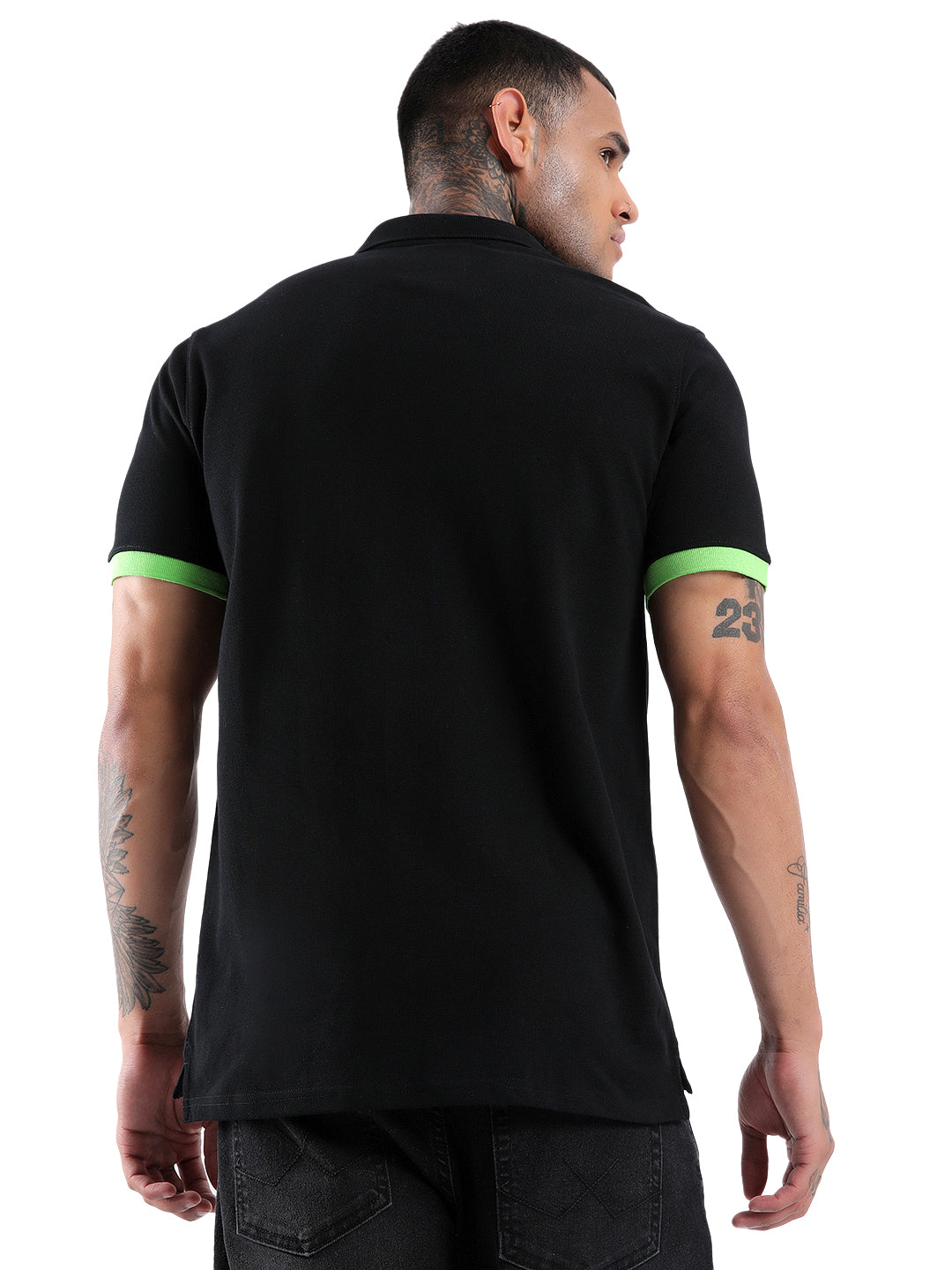 Solid Black Contrast Sleeve Polo