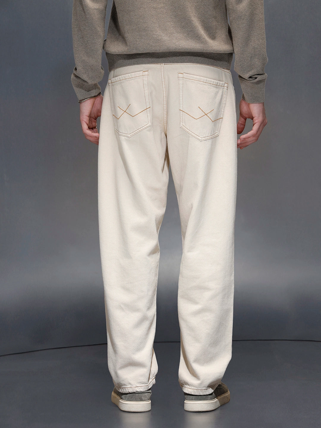 Wrogn Men's Casual Loose Fit Jeans with Contrast Stitch Detail | Khaki